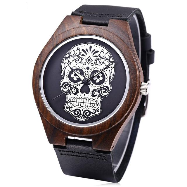 Quartz Watch Imported Movt Skull Pattern Dial Wooden Case Wristwatch