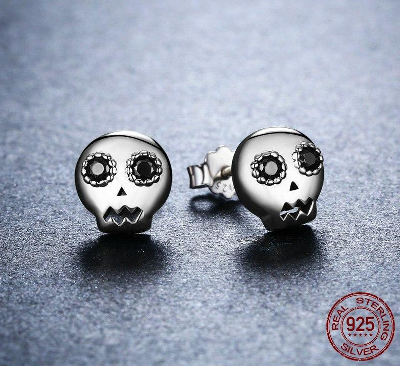 100% 925 Sterling Silver Halloween Skeleton Skull Stud Earring For Women Girl Jewelry Gift CQE064