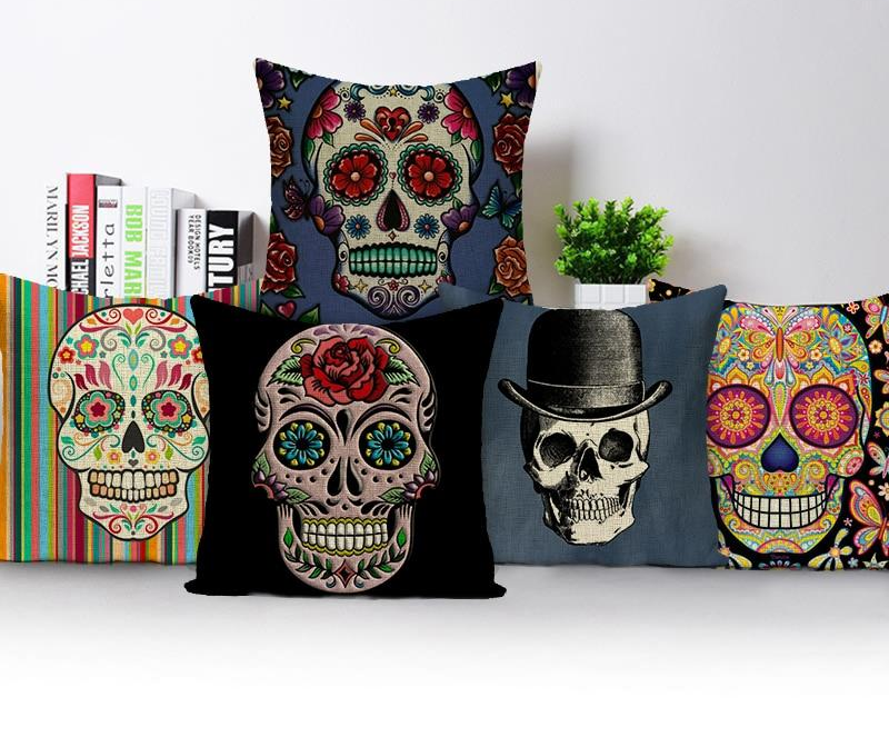 Colorful Square Pillow cover Sugar Skull Decor Living Room