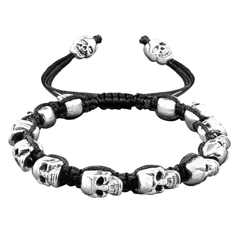Smile Skull Skeleton Bead Bracelets Strand Vintage Boho Antique Silver Plated Handmade Rope Woven Craft Fashion Jewelry