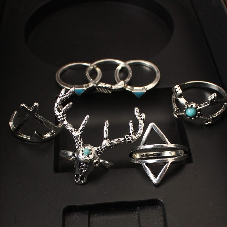 7 pcs/set Vintage Gypsies Beach Elk Dear Head Triangle Drip Arrow Joint Midi Finger Rings Set 8CRD41