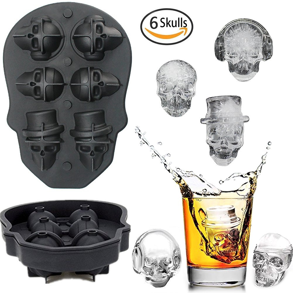 3D Skull Ice Mold,Six Giant Skull Silicone Mold,Funny Ice Maker Cool Drink Whiskey Wine Cocktail