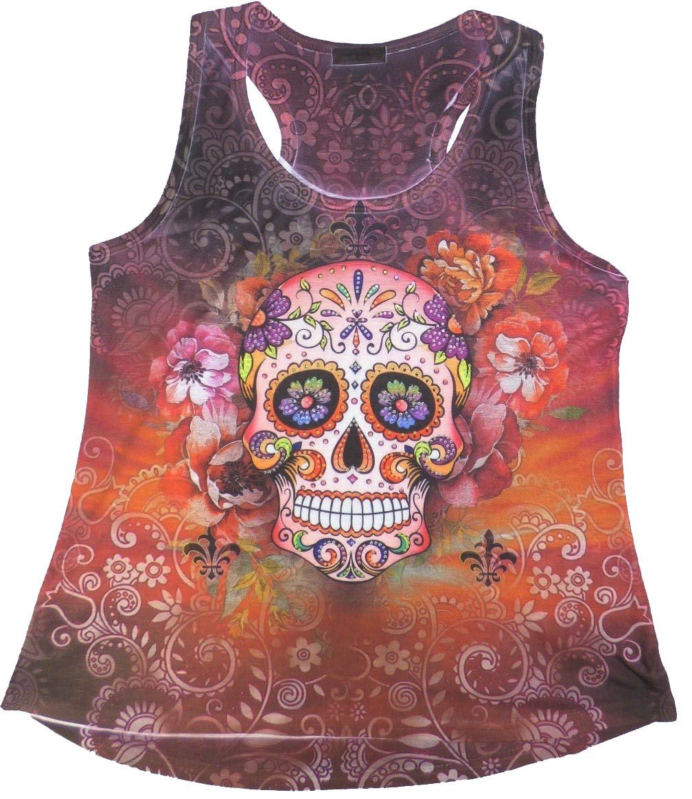 Sweet Gisele Sugar Skull Racer Back Tank Top with Rhinestones