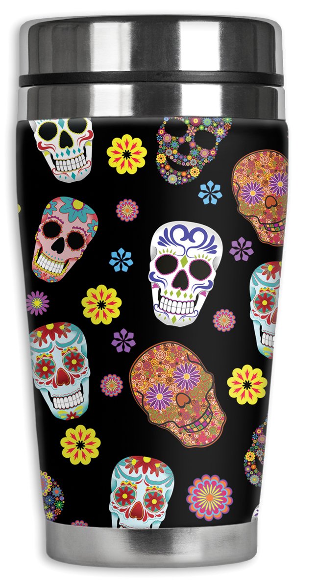 Sugar Skull Toss Travel Mug with Insulated Wetsuit Cover, 16 oz, Black