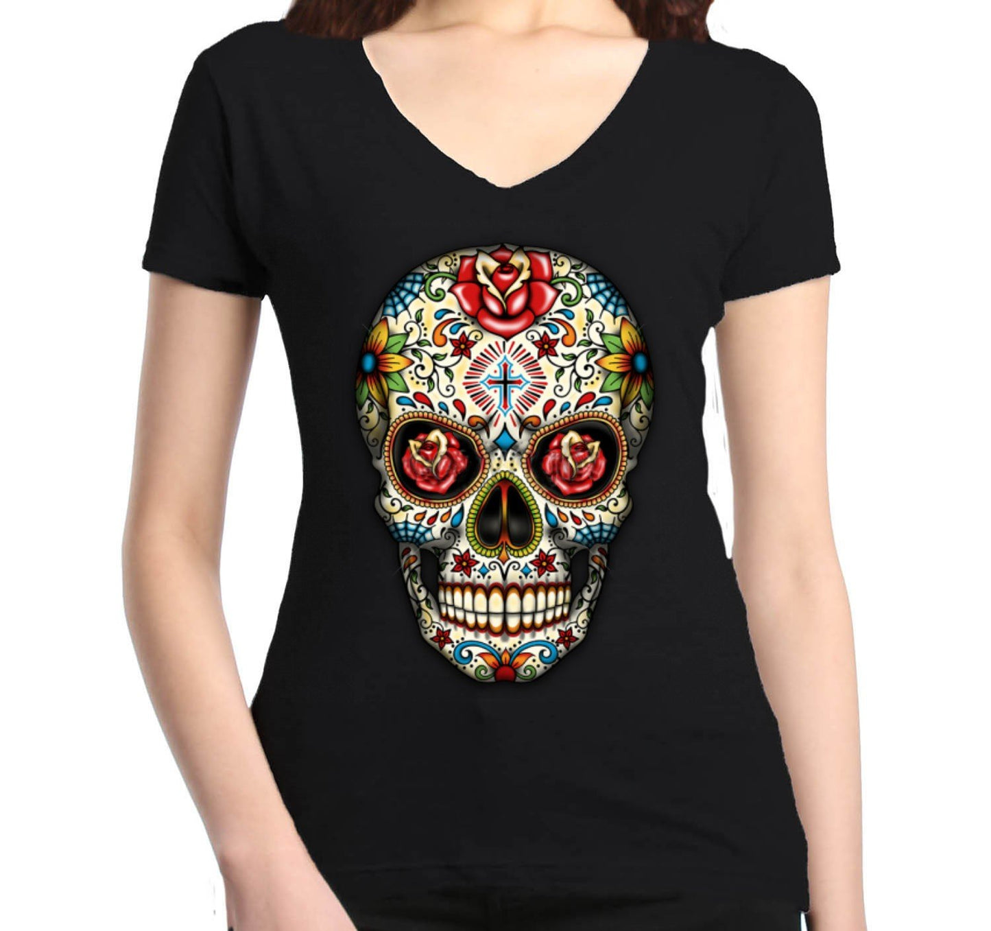 Skull Red Roses Women's V-Neck T-shirt Day of the Dead Shirts