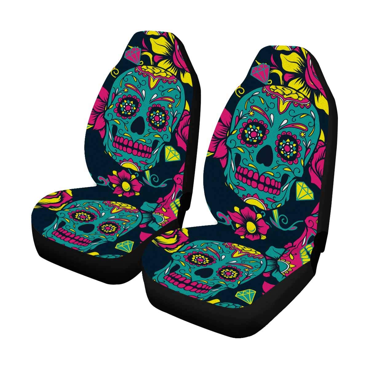 Day of The Dead Sugar Skull with Floral Front Car Seat Covers Set of 2