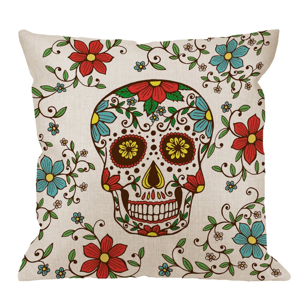 Day of The Dead Decorative Throw Pillow Cover Case,Colorful Skull with Floral Cotton Linen Outdoor Pillow cases Square Standard Cushion Covers For Sofa Couch Bed 18x18 inch Red Green