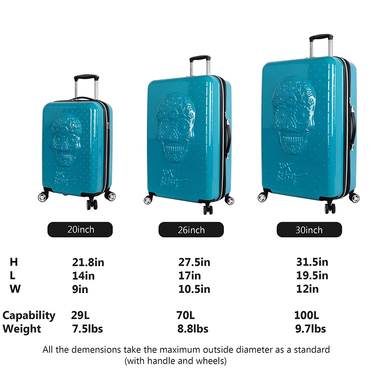 Betsey Johnson Luggage Hardside 3 Piece Set Suitcase With Spinner Wheels (20" 26" 30") (One Size, Sugar Skull)