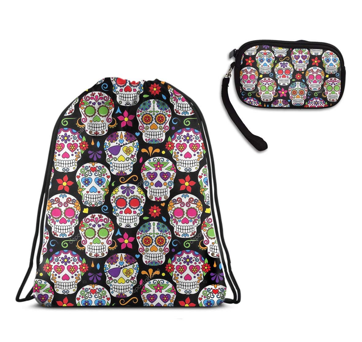 Sport Gym Drawstring Backpack Tote Cinch Sack - Day Of The Dead Sugar Skull Drawstring Rucksack, Large Size Lightweight Waterproof Tote Cinch Sack + Cash Case Handbag