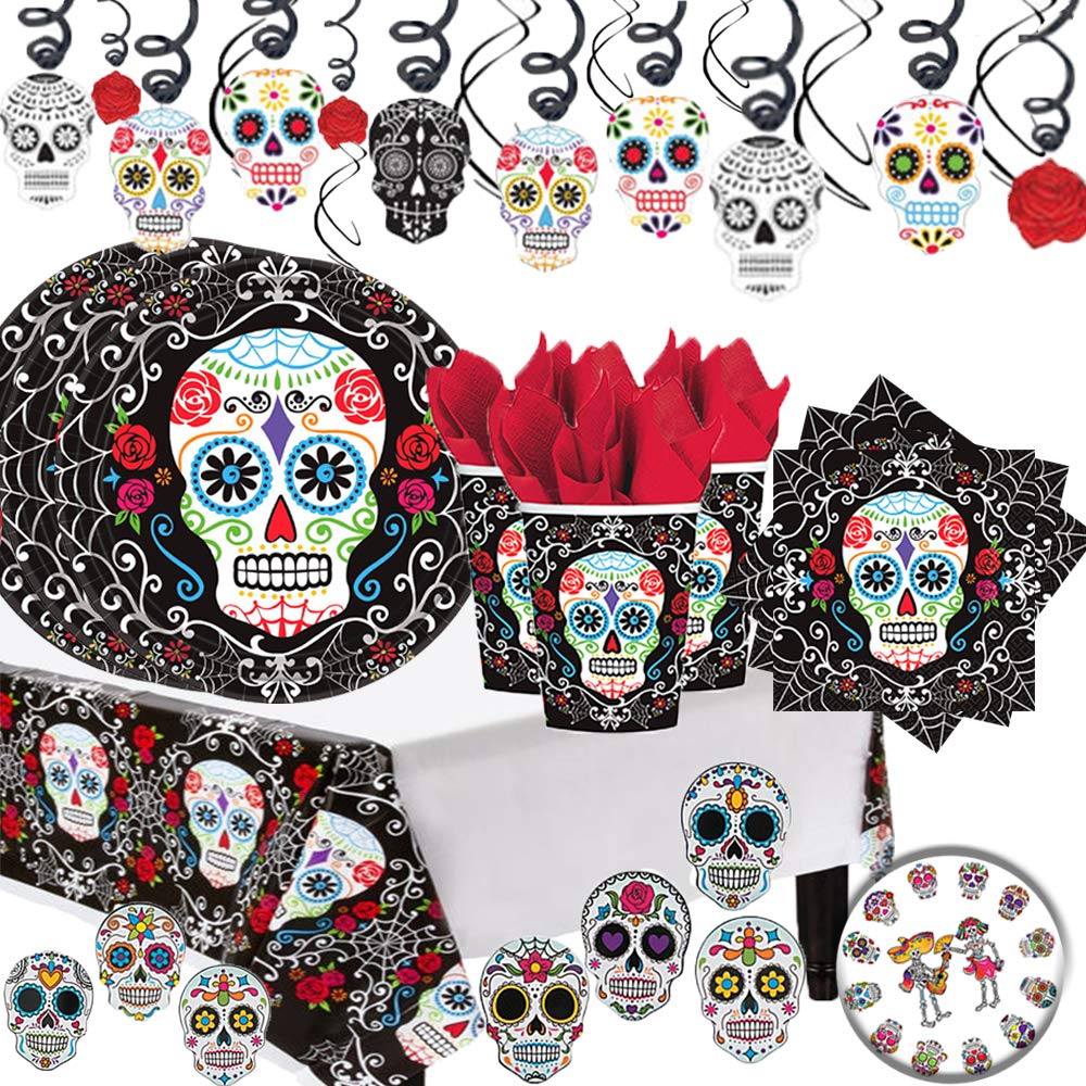 Dia De Los Muertos Day Of The Dead MEGA Halloween Party Pack for 18 with Decorations Includes Plates, Napkins, Cups, a Tablecover, Coasters, 30 Piece Swirl Decorations and an EXCLUSIVE Pin!
