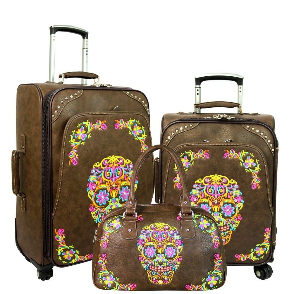 Sugar Skull Collection 3 PC Luggage Set - Coffee