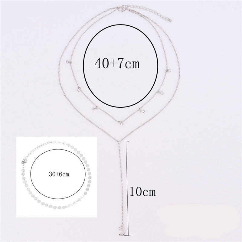 Fashion Sequins Crystal Moon Pendant Necklace for Women Silver Color Multilayer Collar Choker Necklace Bohemian Jewelry Gift