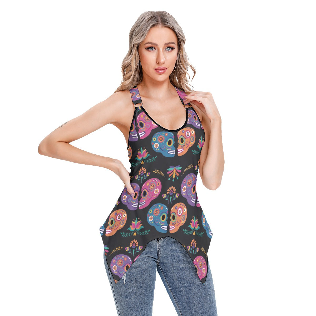 Sugar skull couple love Women's Skinny Sport Tank Top