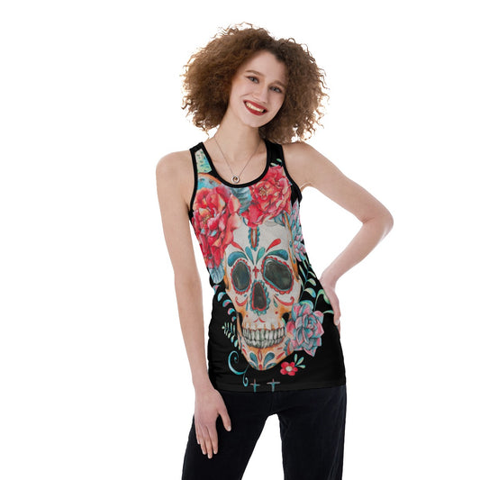 Floral skull Halloween skeleton Women's Back Hollow Tank Top