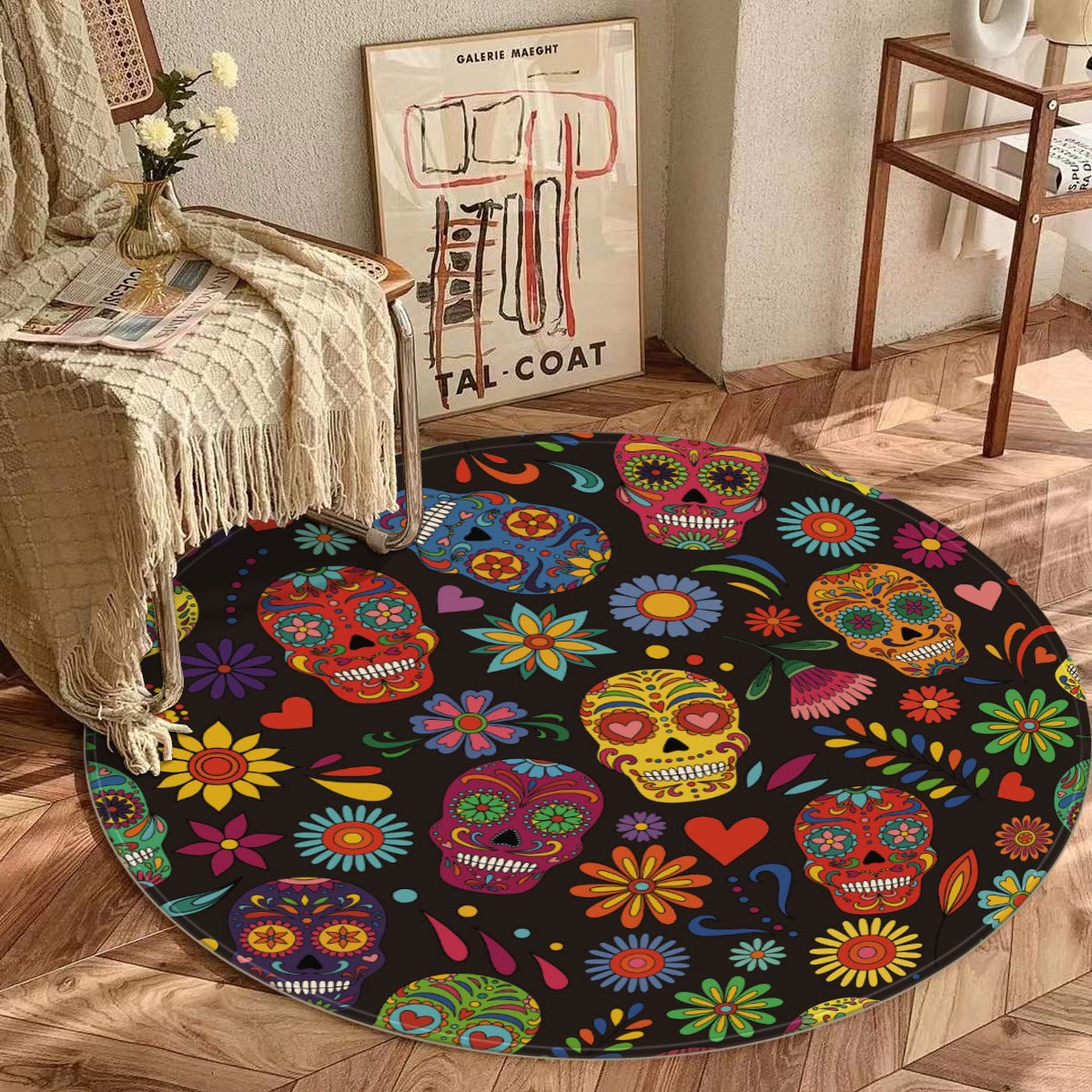 Floral dia de los muertos Foldable Rectangular Floor Mat, Foldable round mat