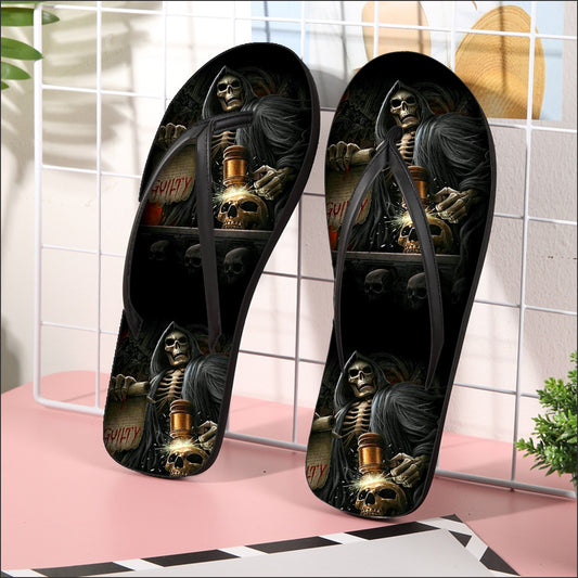 Grim reaper Women's Flip Flops, Skeleton Horror Halloween skull women's sandals flip flops shoes