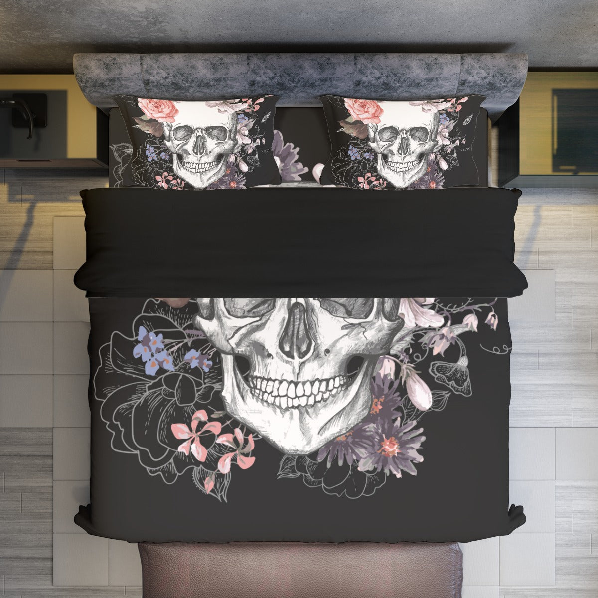 Floral day of the dead sugar skull Four-piece Duvet Cover Set, gothic sugar skull bedding sets