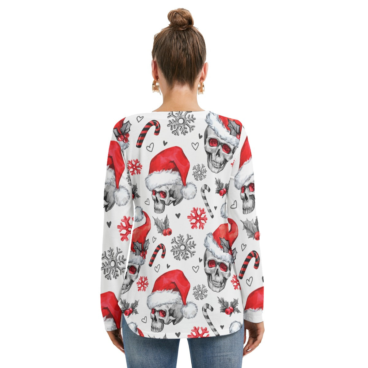 Skull santa claus Women's Long Sleeve Neckline Tie Sweatshirt