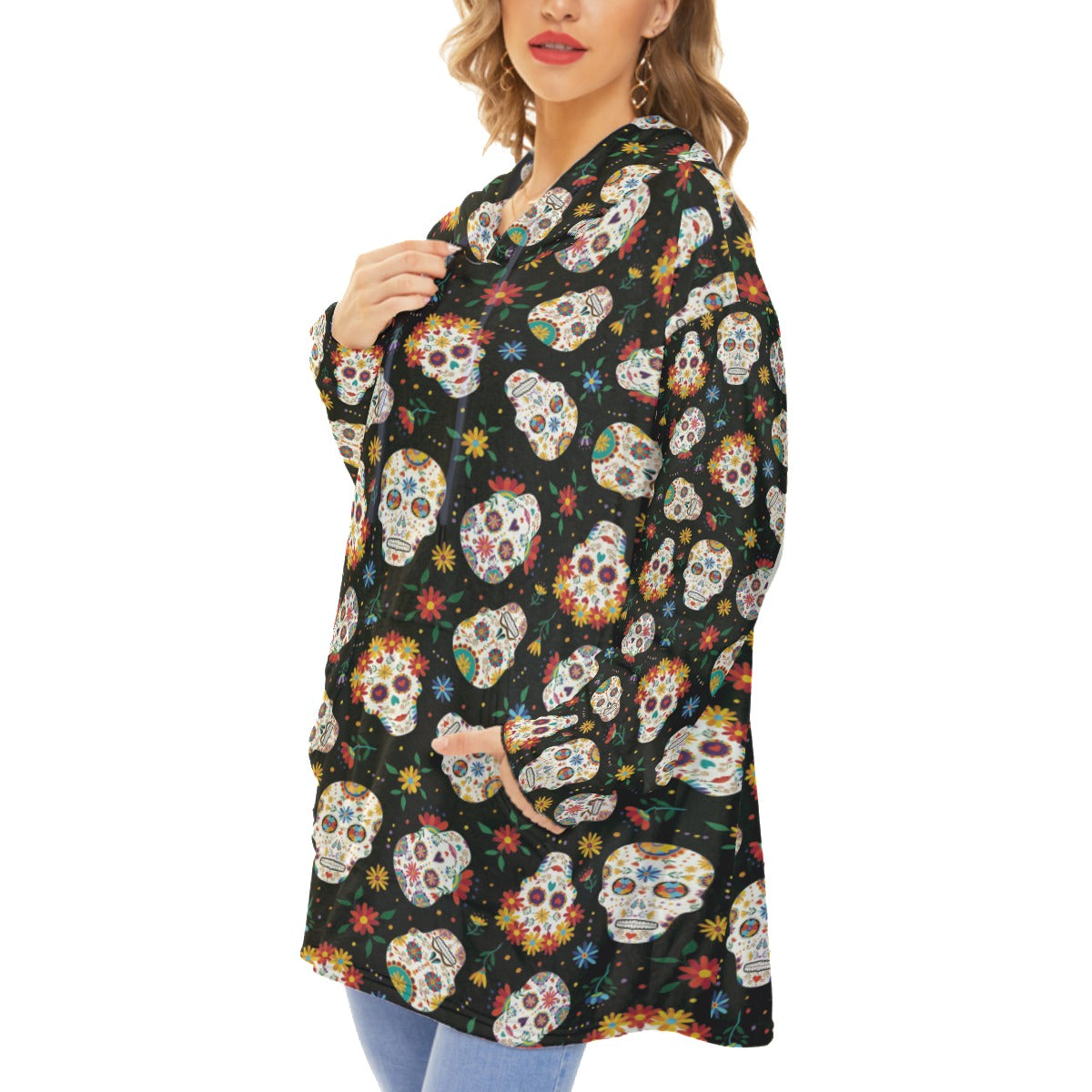 Sugar skull pattern Unisex Flannel Fleece Blanket With Pocket