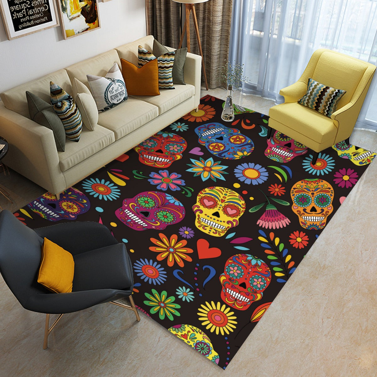 Floral dia de los muertos Foldable Rectangular Floor Mat
