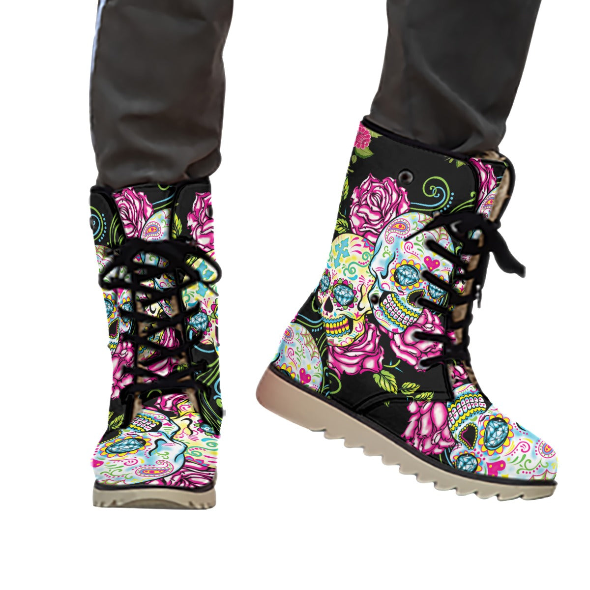 Sugar skull Day of the dead Women's Plush Boots, Floral skull boots