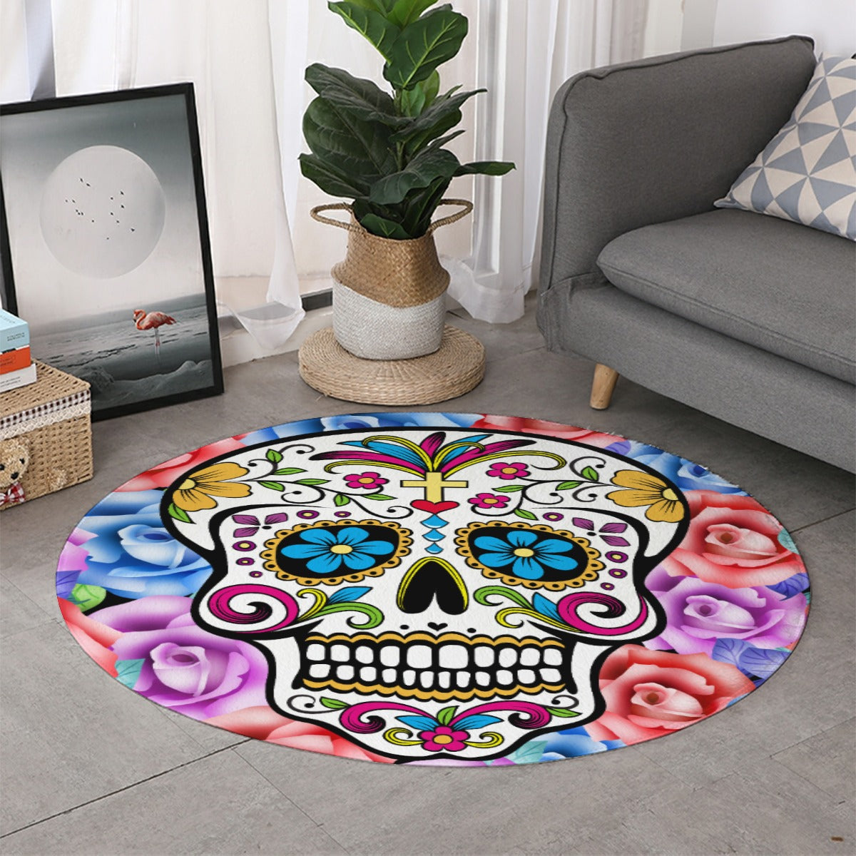 Dia de los muertos sugar skull rounded floor mat carpet, skull Thicken foldable door mat