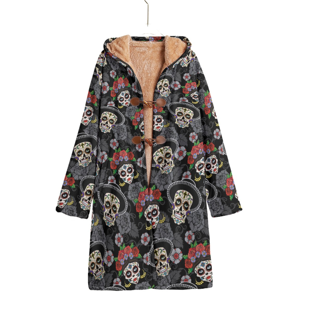 Floral sugar skull candy skull day of the dead cloak Horn Button Long Fleece Windbreaker