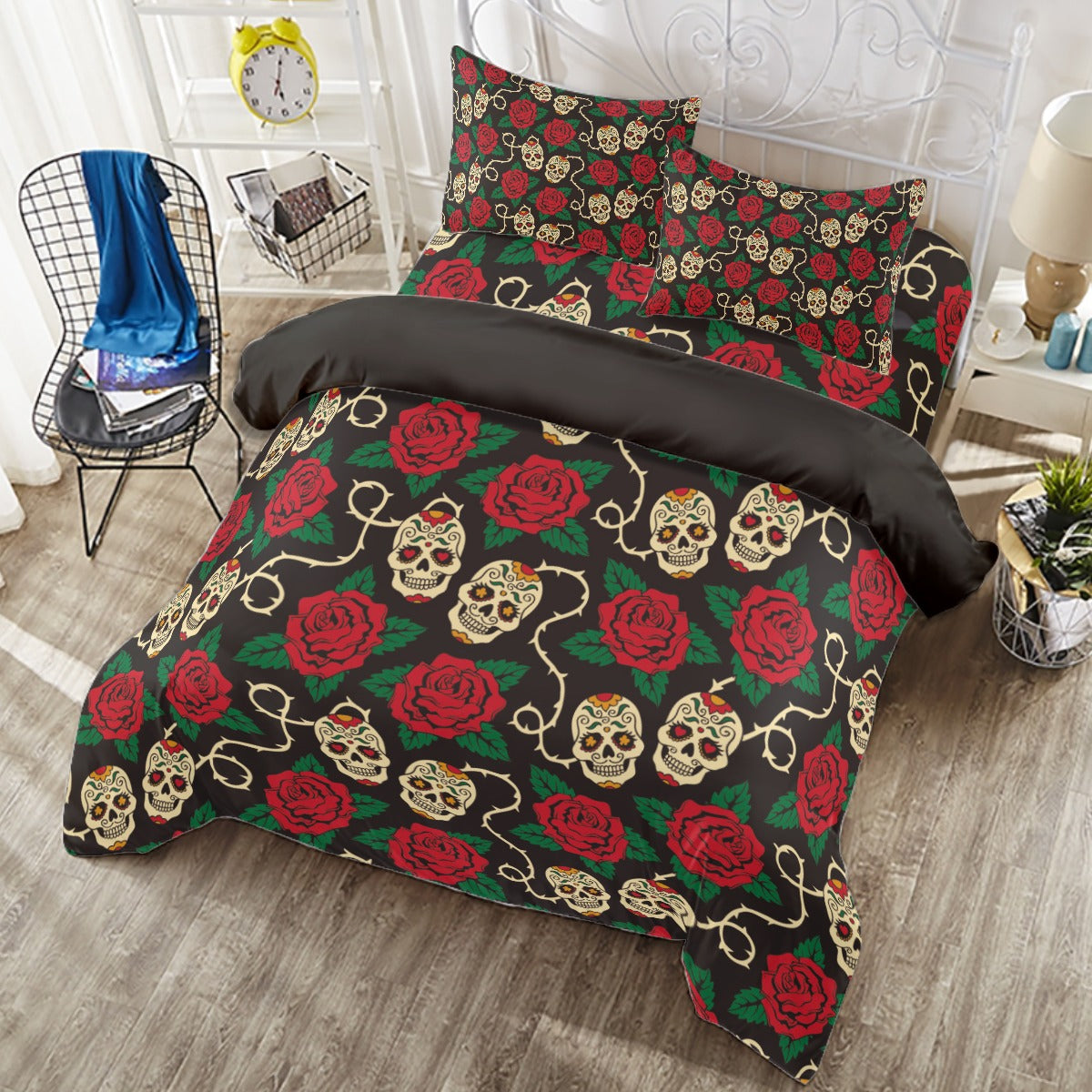 Rose floral sugar skull dia de los muertos Four-piece Duvet Cover Set