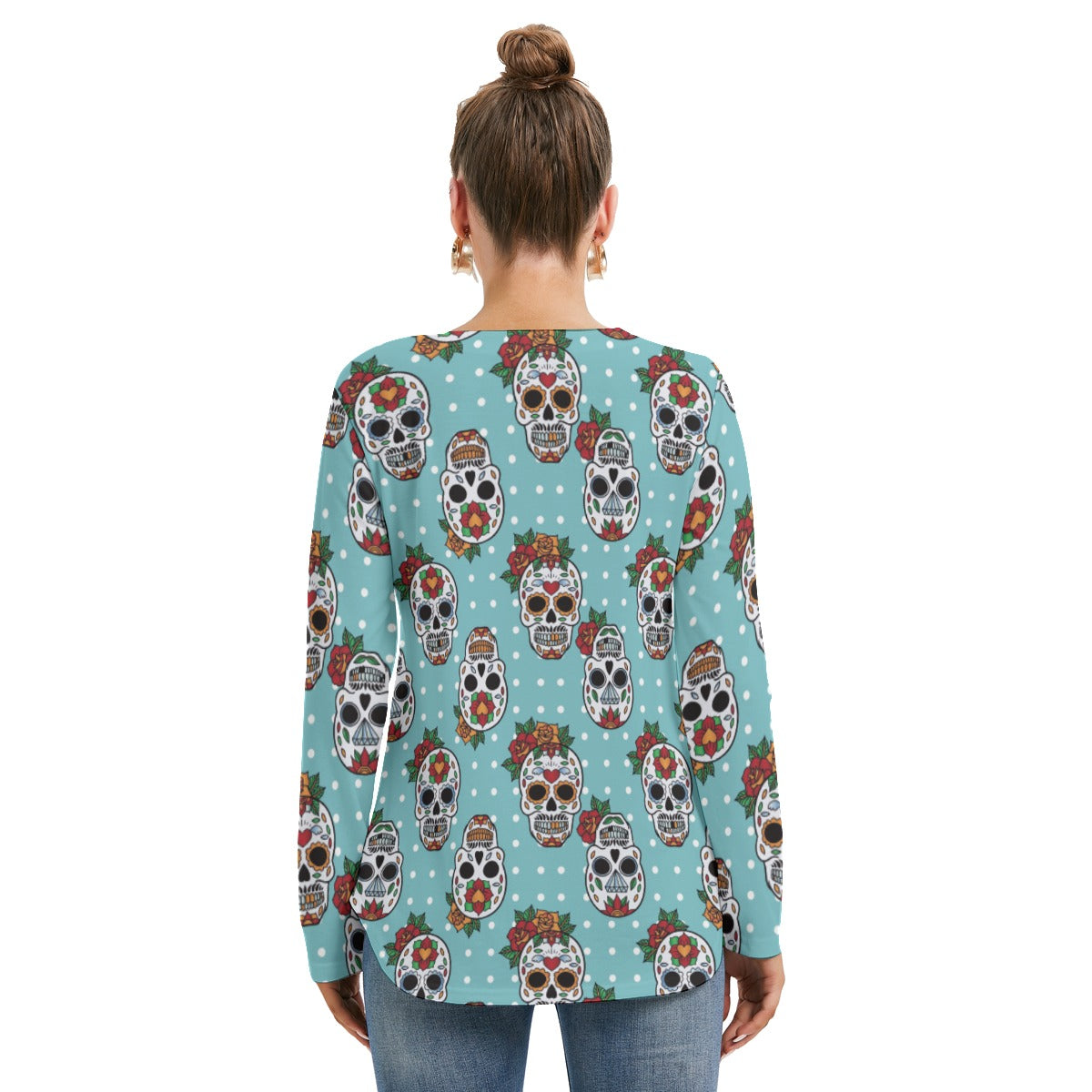 Candy skull Calaveras mexican skull Women's Long Sleeve Neckline Tie Sweatshirt