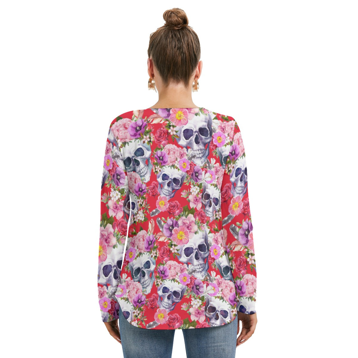 Floral skull Halloween pattern Women's Long Sleeve Neckline Tie Sweatshirt