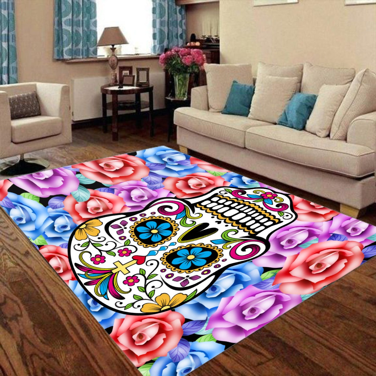 Sugar skull day of the dead Rectangular Floor Mat, Dia de los muertos skeleton carpet rug mat
