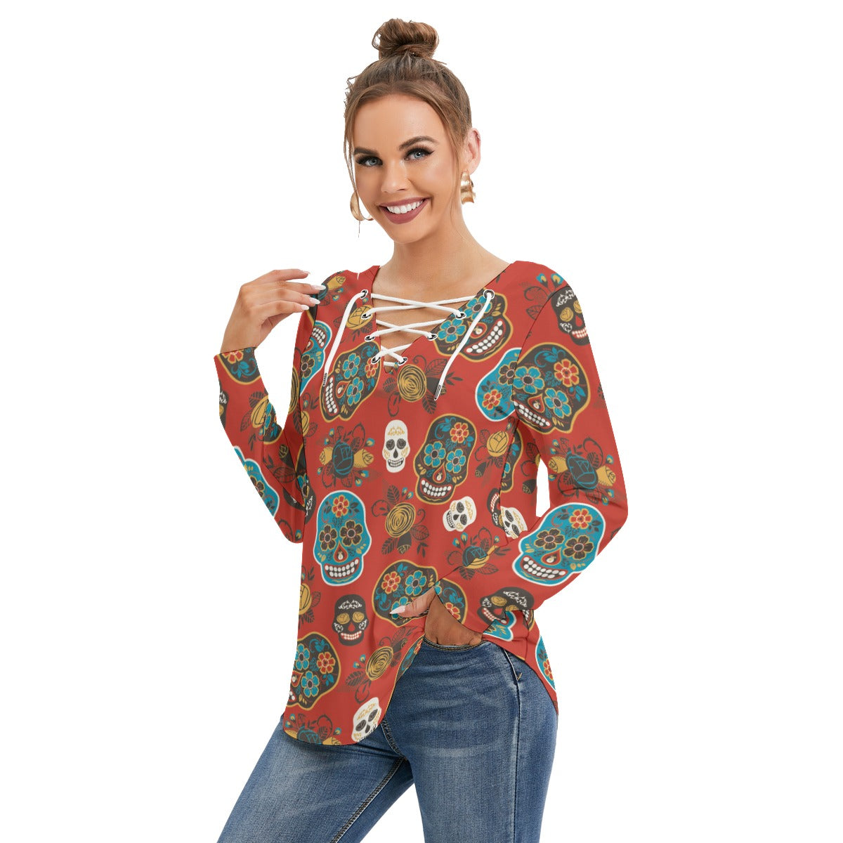 Sugar skull day of the dead Women's Long Sleeve Neckline Tie Sweatshirt