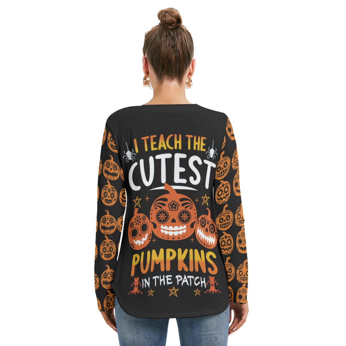 Halloween pumpkin sugar skull Women's Long Sleeve Neckline Tie Sweatshirt