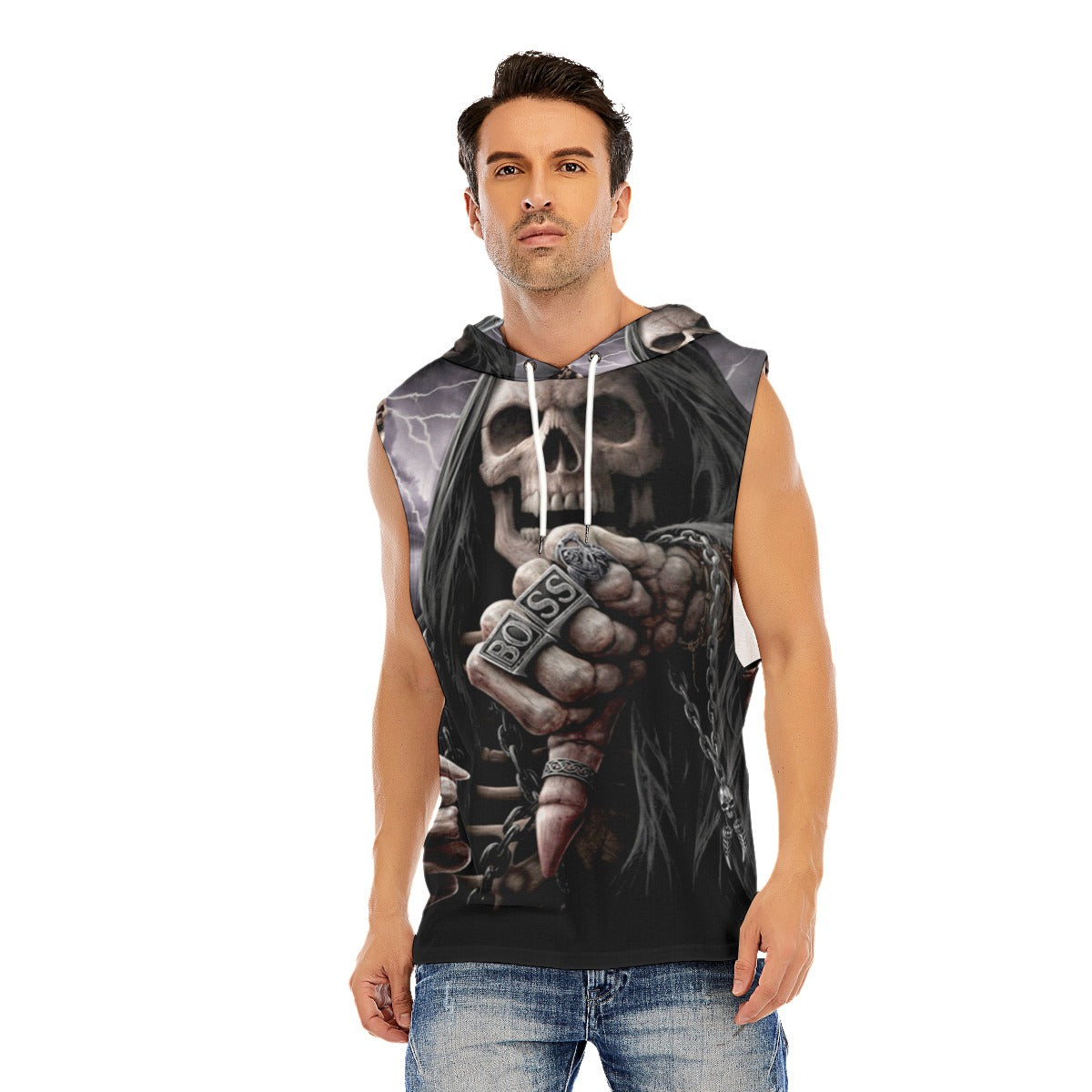 Gothic skull Halloween Men’s Hooded Tank Top, Skeleton Men's tank top, skull hoodie, Horror hooded