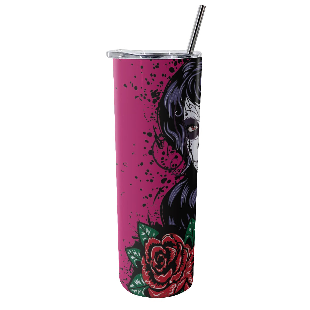 Sugar skull girl Glitter Tumbler With Stainless Steel Straw 20oz