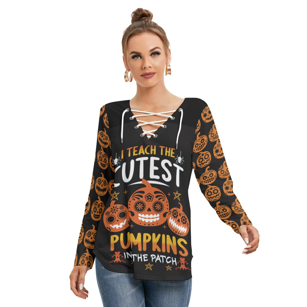 Halloween pumpkin sugar skull Women's Long Sleeve Neckline Tie Sweatshirt