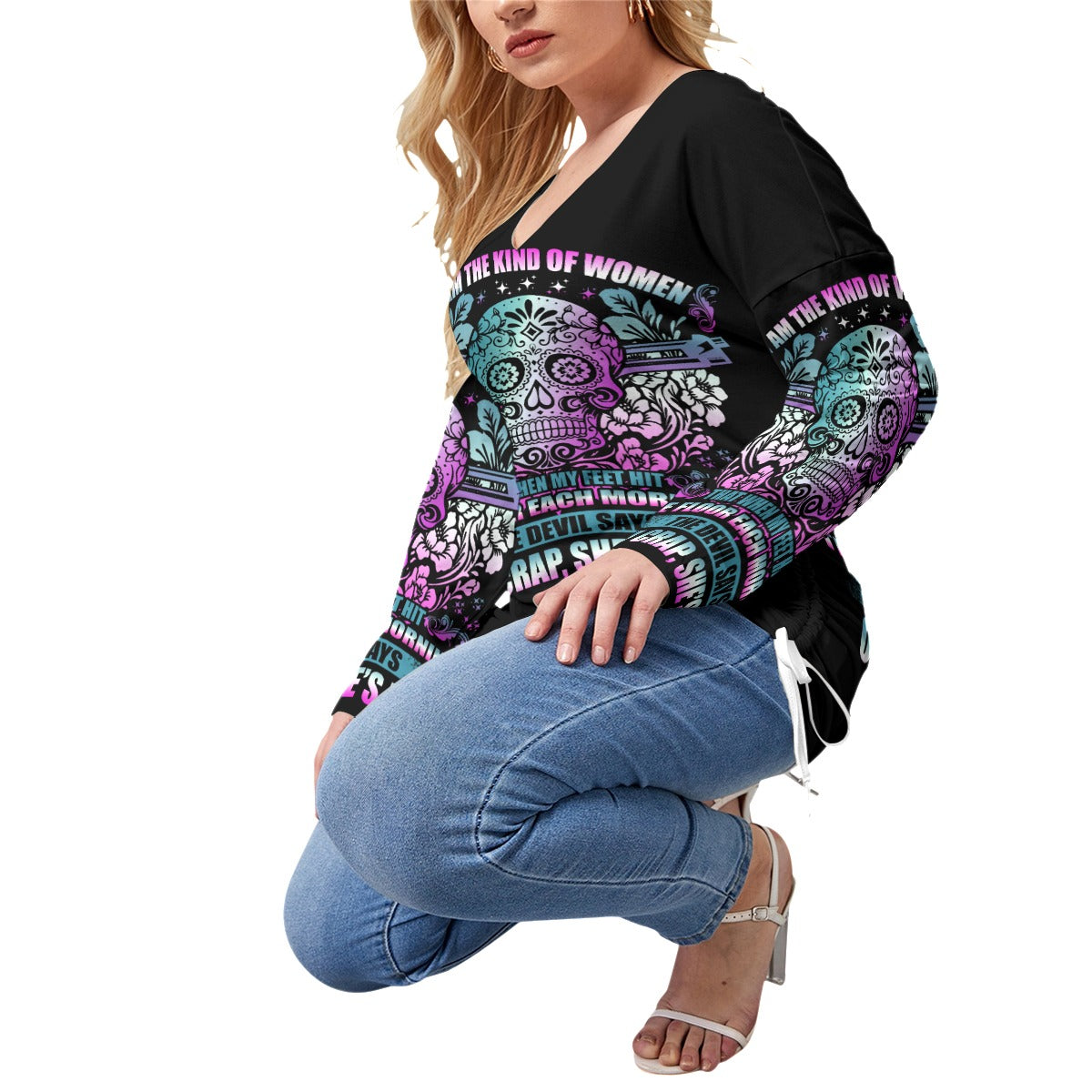 All-Over Print Women’s V-neck T-shirt With Side Drawstring(Plus Size)