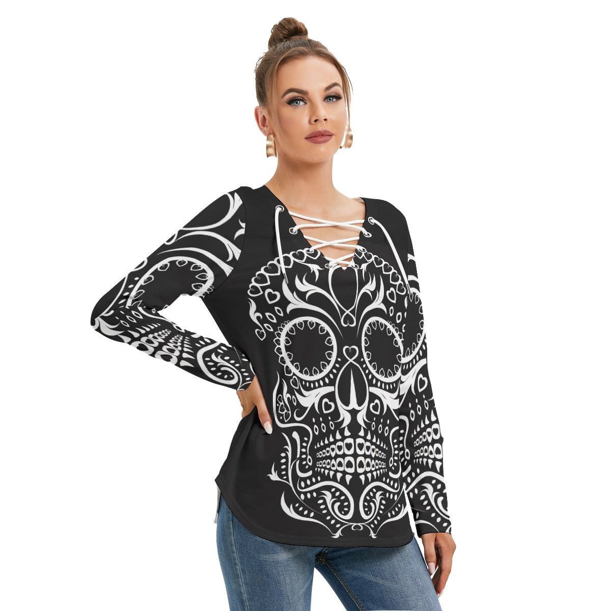 Day of the dead skull Women's Long Sleeve Neckline Tie Sweatshirt