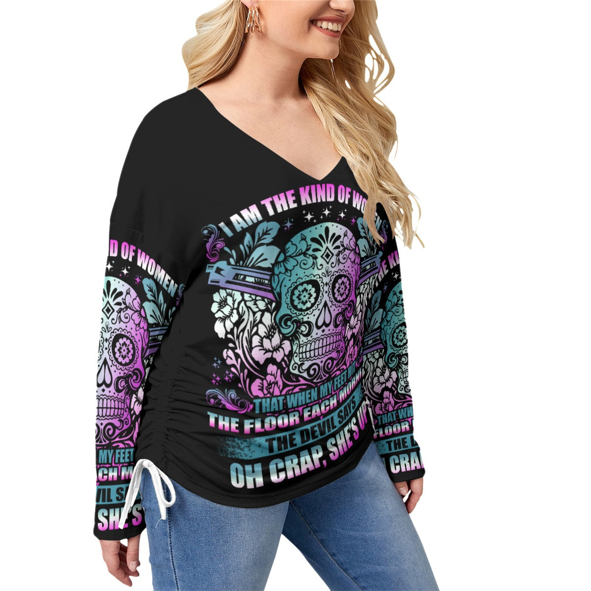 All-Over Print Women’s V-neck T-shirt With Side Drawstring(Plus Size)