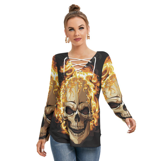 Flaming gothic skull Women's Long Sleeve Neckline Tie Sweatshirt