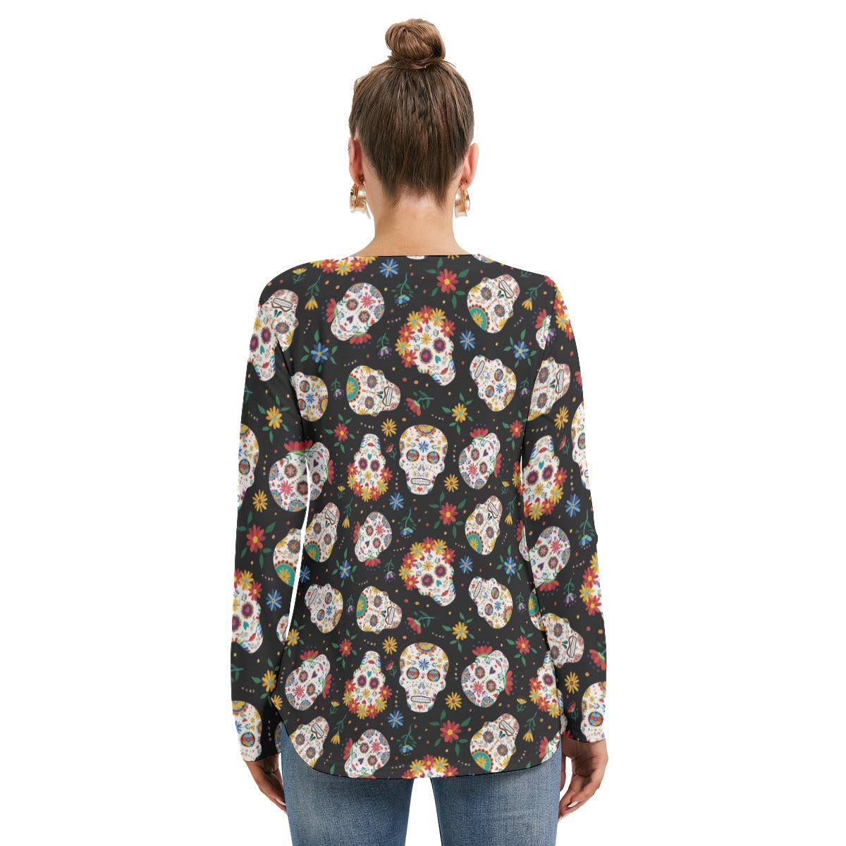 Day of the dead skull Women's Long Sleeve Neckline Tie Sweatshirt