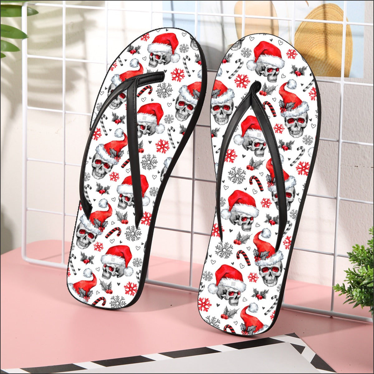 Gothic Halloween Chrismas skull Santa claus Women's Flip Flops, Skeleton horror sandals flip flops