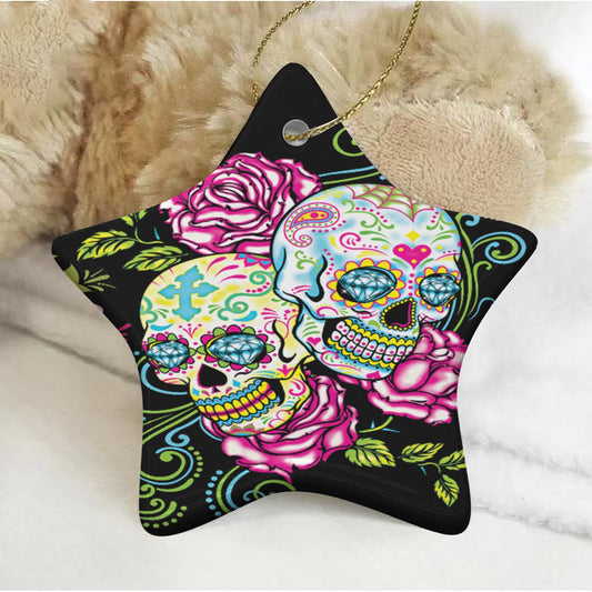 Floral sugar skull Pentagram Shape Christmas Ceramic Pendant