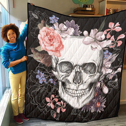 Floral skull Household Lightweight & Breathable Quilt, Rose skeleton Halloween blanket