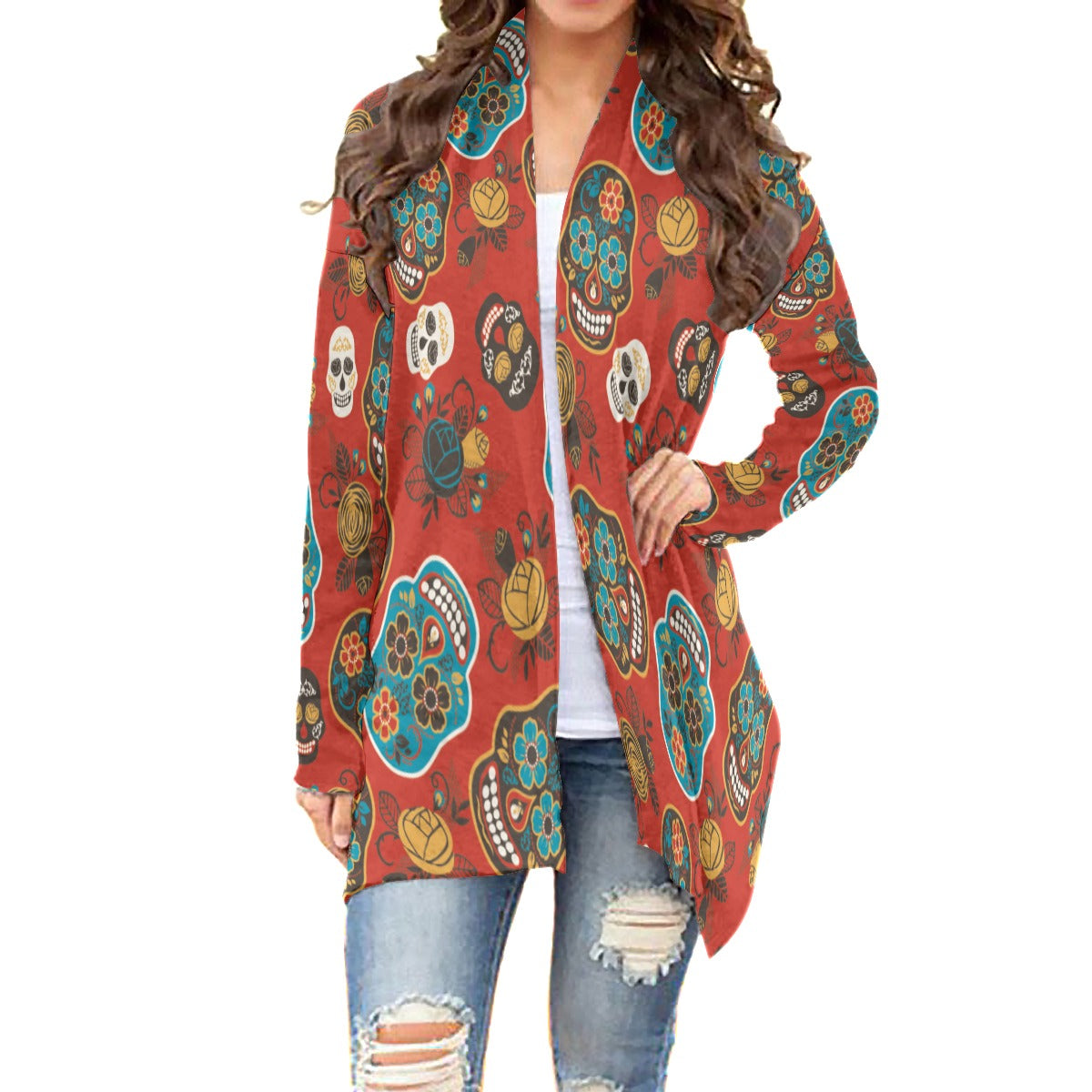 Dia de los muertos sugar skull Women's Cardigan With Long Sleeve