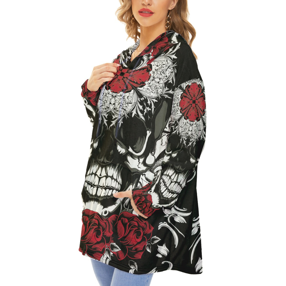 Floral skull Halloween Unisex Flannel Fleece Blanket With Pocket