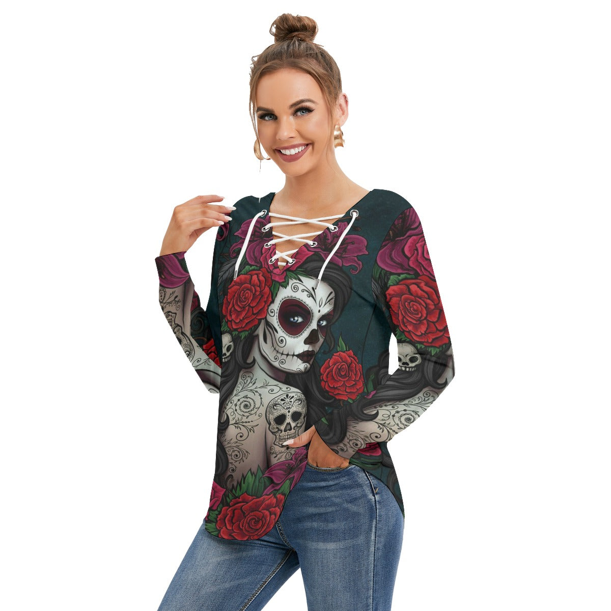 Day of the dead girl Women's Long Sleeve Neckline Tie Sweatshirt