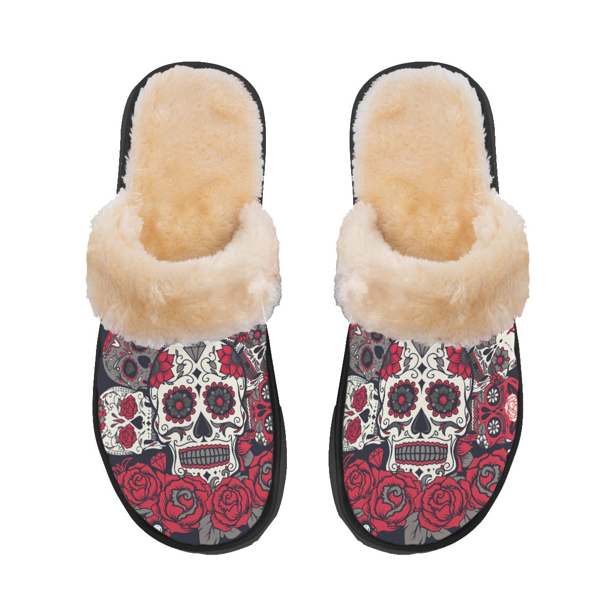 Floral sugar skull pattern Women's Home Plush Slippers