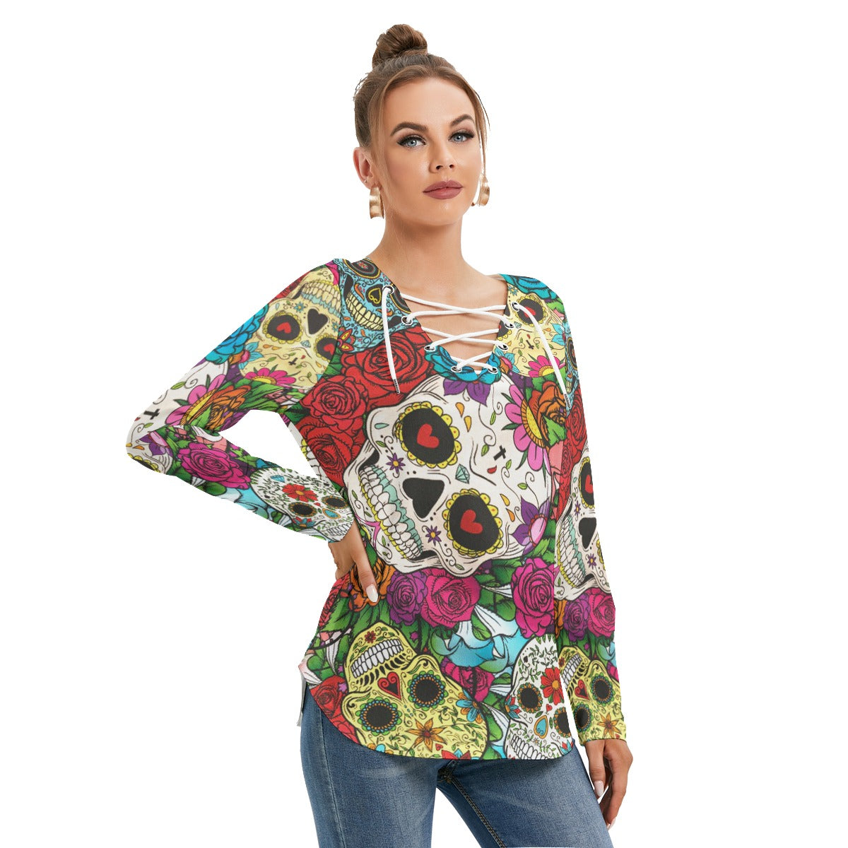 Sugar skull Women's Long Sleeve Neckline Tie Sweatshirt