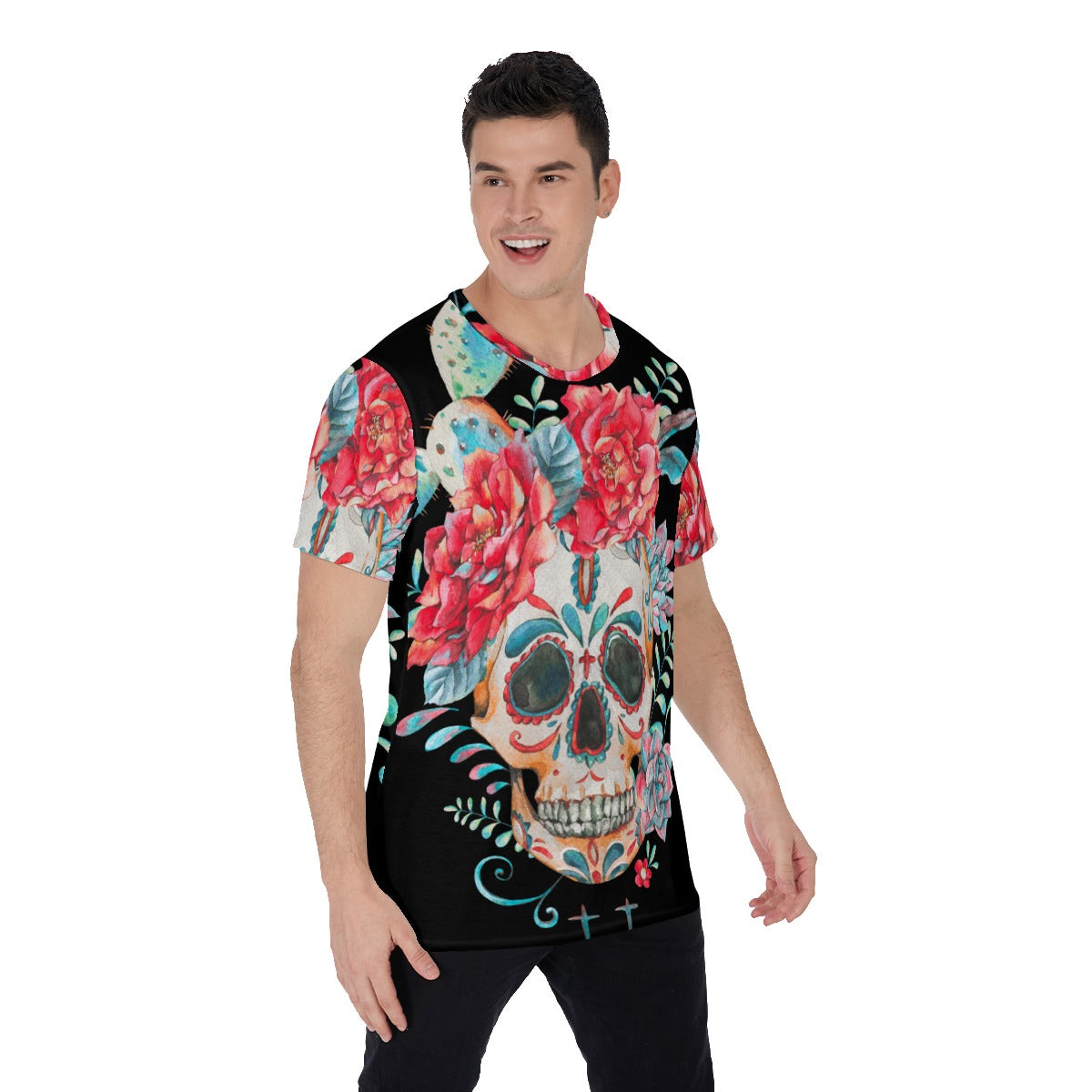 Floral sugar skull Men's O-Neck T-Shirt, Gothic skull skeleton tshirt